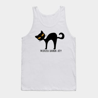 WATCHA LOOKIN AT Funny Halloween Black Cat Design Tank Top